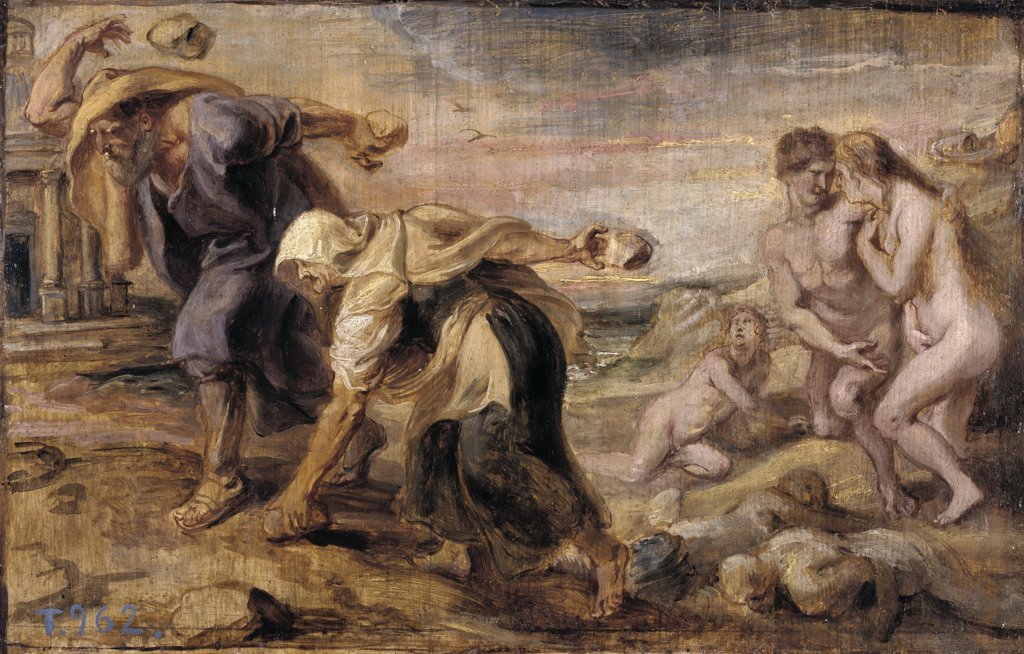 Painting of Deucalion and Pyrrha casting stones behind them, which become people