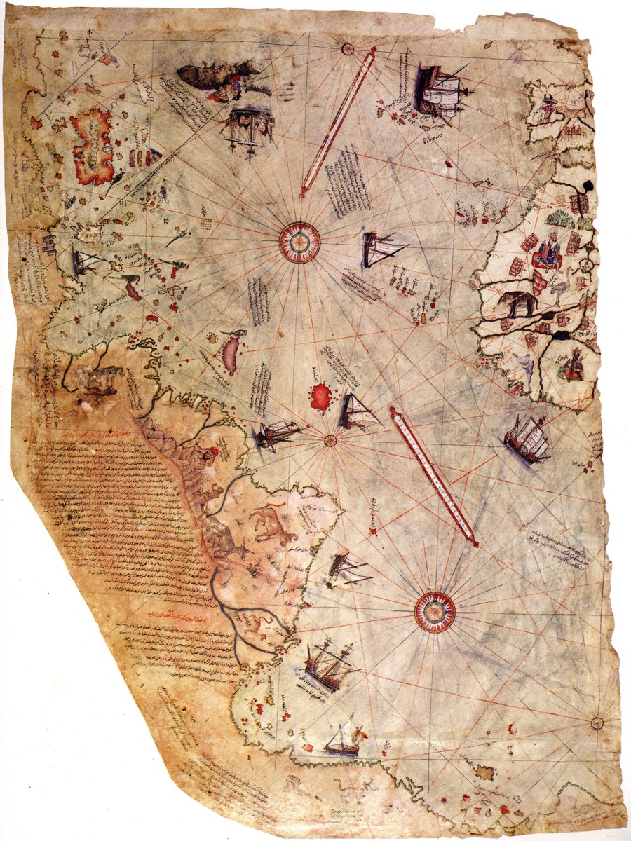 The surviving fragment of Piri Reis's world map of 1513 — the Atlantic, the coasts of Europe and Africa, and the new American coasts across the ocean