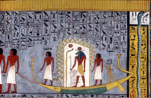 Ra travelling through the underworld in his barque, from the Book of Gates